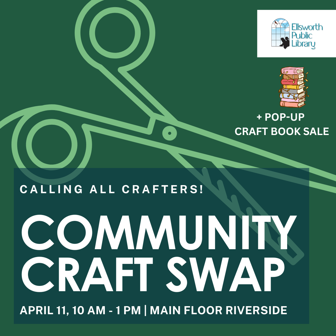 Green background with a pair of scissors, library logo and a small book pile and some writing in the foreground