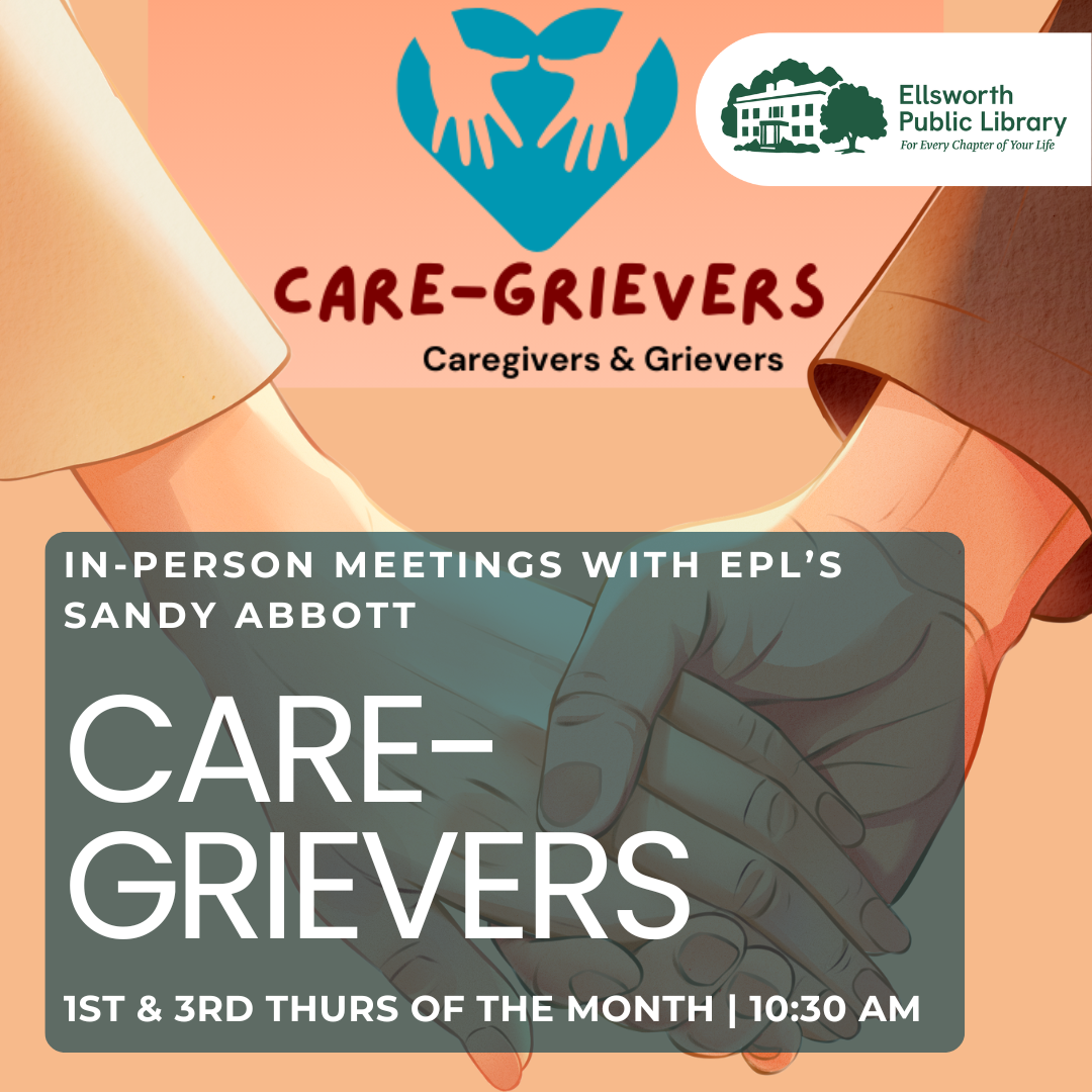 graphic of two interlocked hands promoting a caregrivers support group at the library