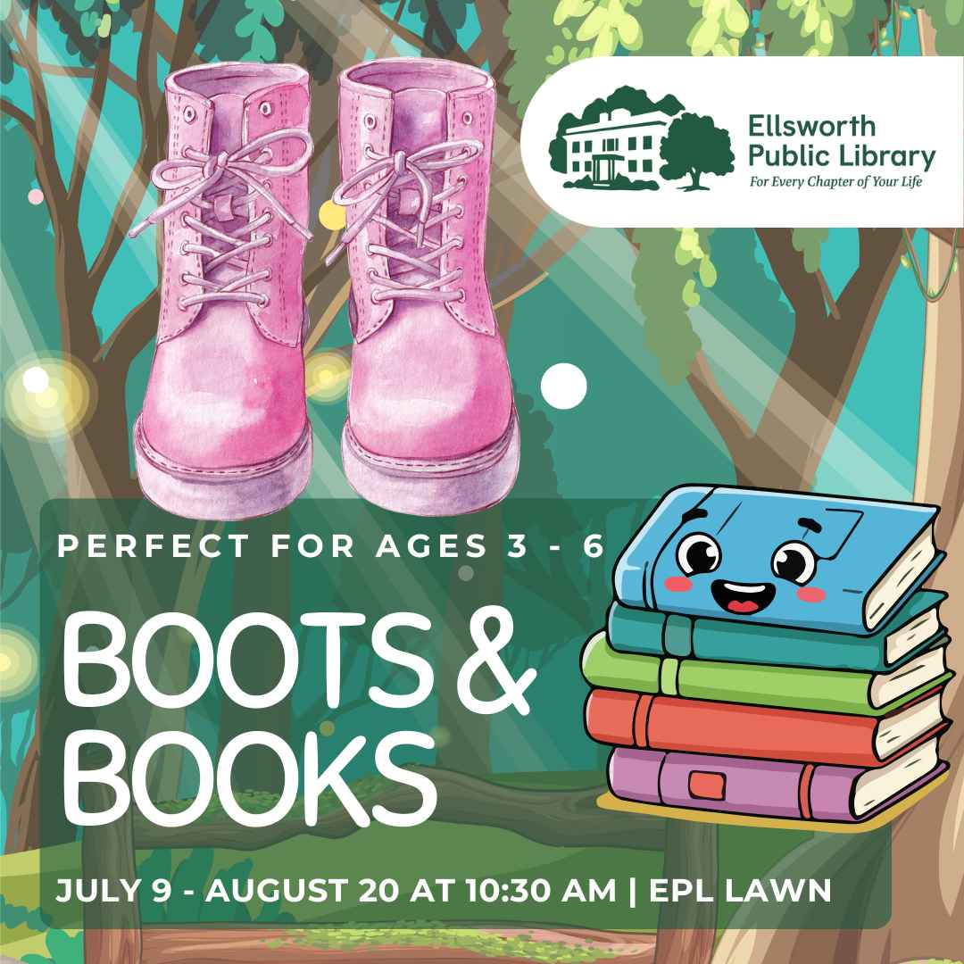 an image of a stack of books and a pair of boots in front of a outdoor scene