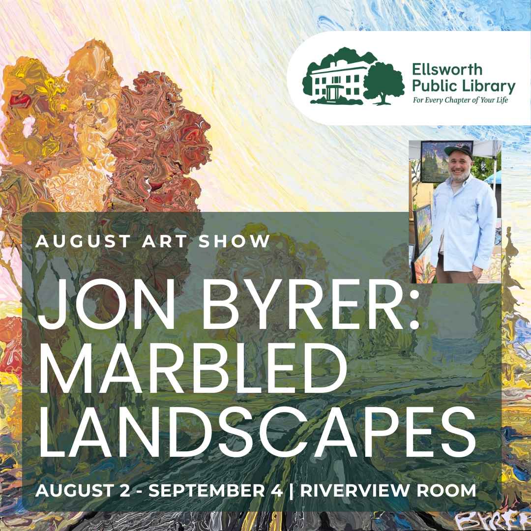 Painting of a landscape in the back with text on overlay in the front and a photo of a person