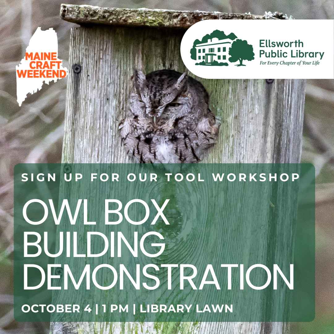 photo of an owl looking out of an owl box with text overlay, please find more information at ellsworthlibrary.net