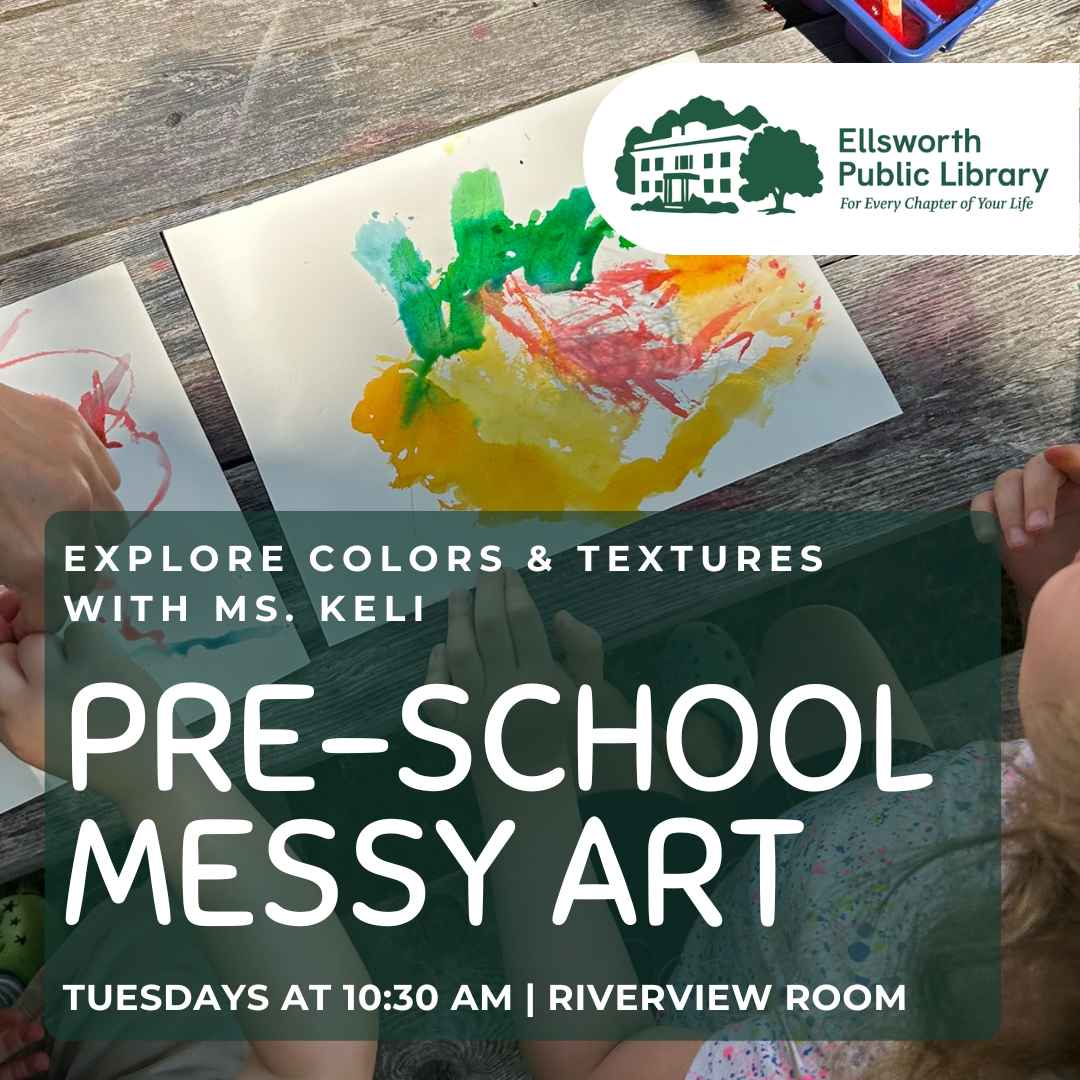 Photo of a colorful children's drawing with text overlay promoting a preschool arts program. for more information visit ellsworthlibrary.net